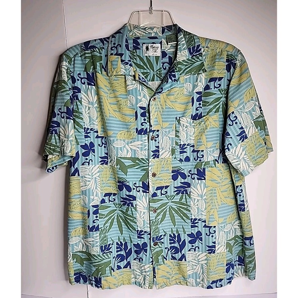 Vintage Silk Hawaiian Shirt Men's Size Large Blue Floral Beach Vacation Casual